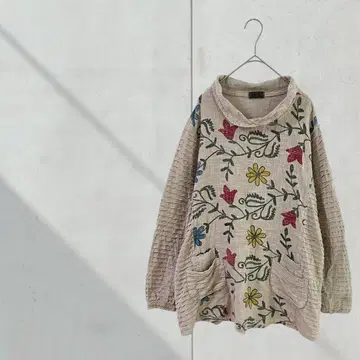 3717 [유민] 코튼 튜닉 넉넉한 긴팔 베이지 꽃무늬 한국제