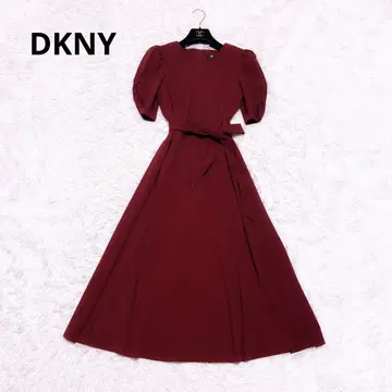 DKNY 퍼프 슬리브 롱 플레어 원피스 리본 종아리 기장 보르도