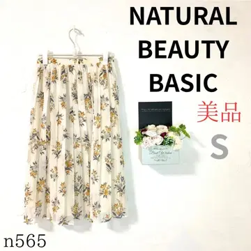 [내추럴 뷰티 베이직] 무릎 기장 스커트 플리츠 가벼운 화이트 꽃무늬 L