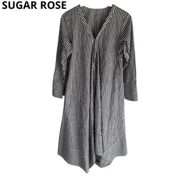 SUGAR ROSE 스트라이프 긴팔 V넥 무릎 기장 원피스
