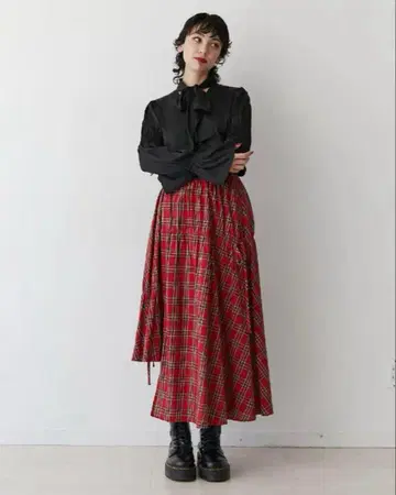 새상품급 jouetie 아시메 개더 롱 스커트 체크 무늬 레드 M