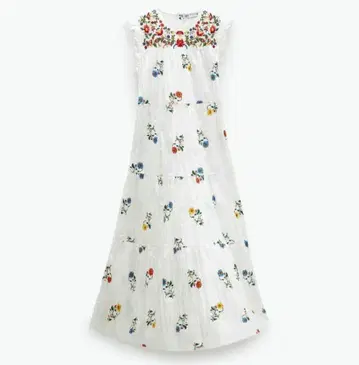 ZARA 플라워 자수 슬리브리스 롱 티어드 원피스 꽃무늬 프린트 프릴