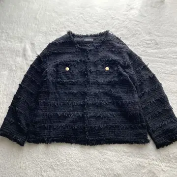 BARNEYS NEWYORK 면 혼방 노카라 트위드 자켓 금장 버튼 블랙