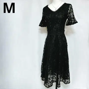 블랙 레이스 원피스 V넥 플레어 소매 M 포멀 A라인 한국 구매 반팔