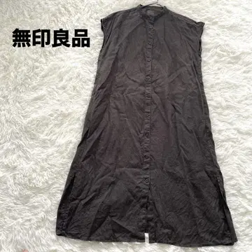 무인양품 린넨 셔츠 원피스 슬리브리스 밴드 카라 M-L 브라운