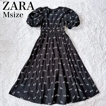 ZARA 자라 엠브로이더리 포플린 원피스 퍼프 슬리브 꽃 자수 M 블랙