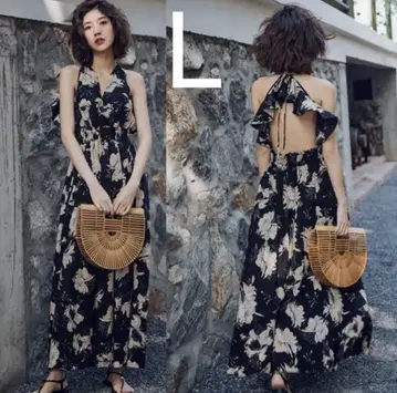 잔여 1점 미사용 새상품! 백 프릴 꽃무늬 리조트 맥시 원피스 L 블랙