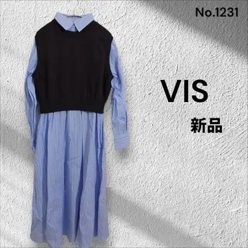 새상품 VIS 베스트풍 절개 셔츠 원피스 블루 계열 스트라이프