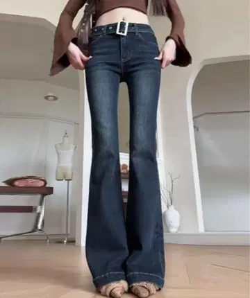 허리 벨트 플레어 데님 팬츠