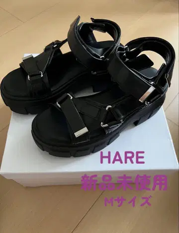 HARE 블랙 샌들 합성 피혁 백 스트랩 미사용 새상품