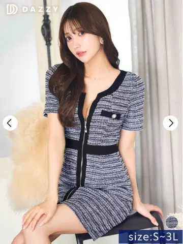 DAZZY 프론트 지퍼 믹스 트위드 타이트 미니 드레스
