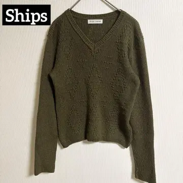 Ships Ladies 올리브 V넥 니트 크롭 기장 울 M