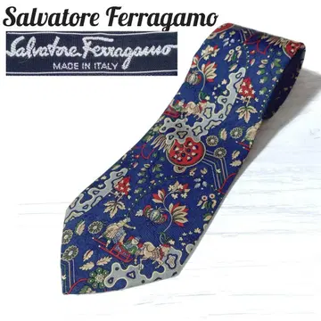 새상품급 Salvatore Ferragamo 실크 넥타이 네이비 올 패턴