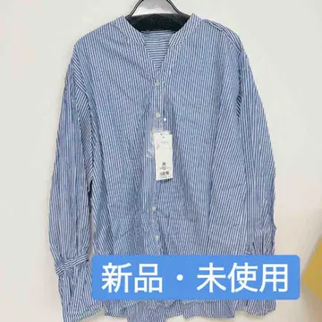 [미사용 새상품] 스트라이프 셔츠 M 사이즈 블루 택 포함 밴드 카라