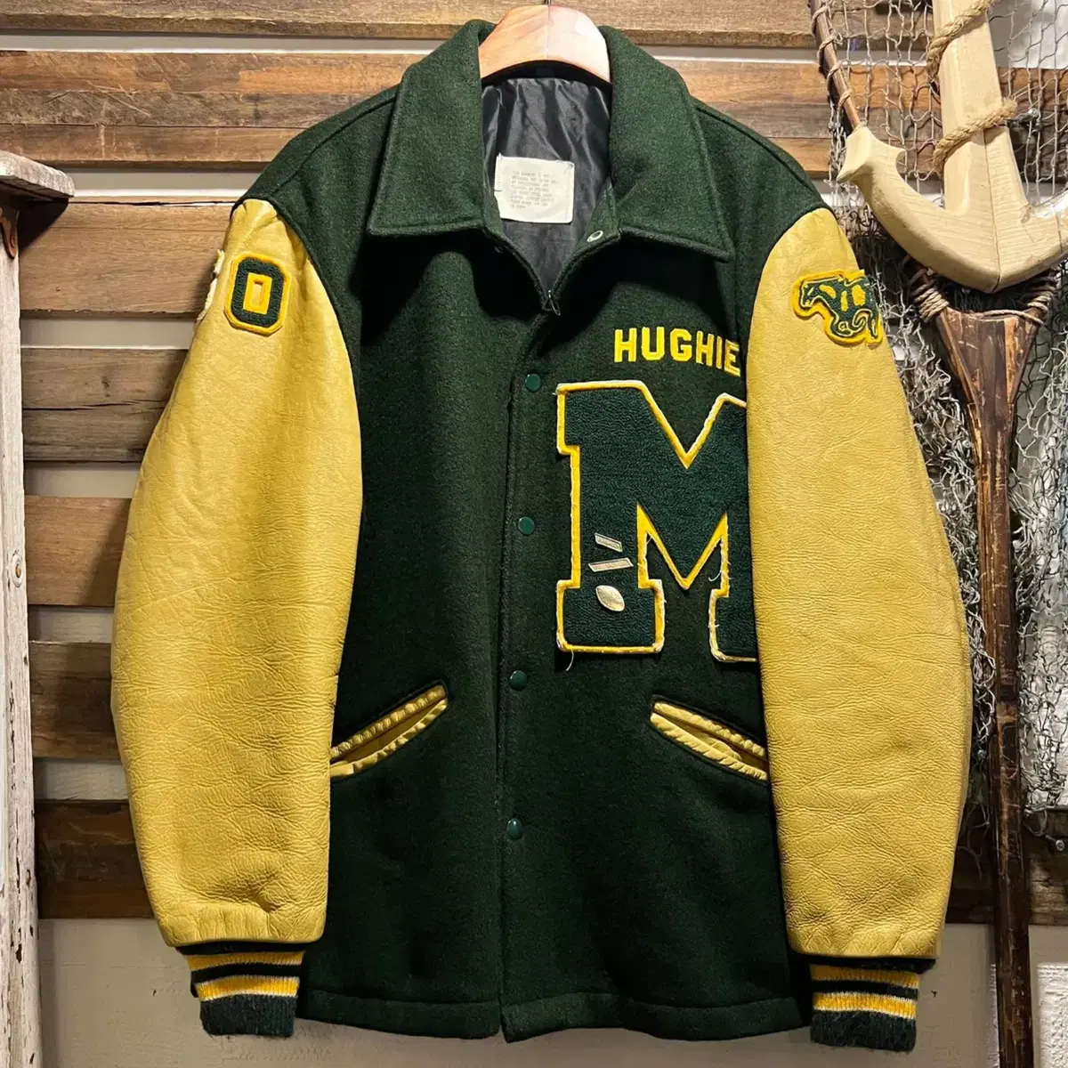 L] Made in USA HUGHIE M Green Varsity Jacket #빈타지자켓,#바시티