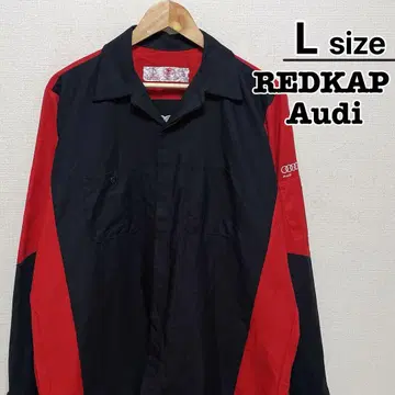 RED KAP Audi 워크 셔츠 긴팔 L 레드 블랙 로고 오픈 카라