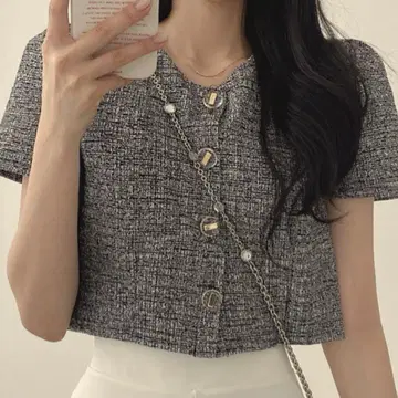 팬시 트위드풍 노카라 반팔 자켓