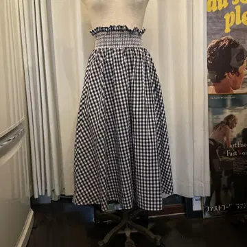 ZARA 깅엄 체크 롱 플레어 스커트 셔링 허리