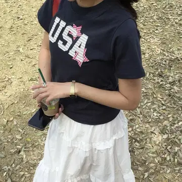 USA 스타 패치 크루넥 슬림 T셔츠 NAVY
