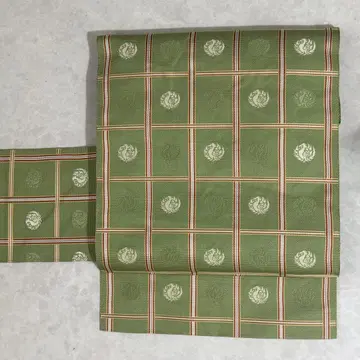 나고야 오비(약 24cm) 하카타오리 순수 실크 요시노 격자 봉황 그린