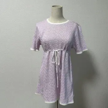 연보라 레이스 뜨개질 반팔 상의