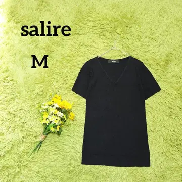 [사리아] V넥 니트 M 블랙 반팔 리브 튜닉