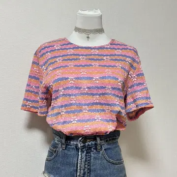 가격 인하 y2k 헤이세이 갸루 00s 컬러풀 핑크 보더 반팔 티셔츠