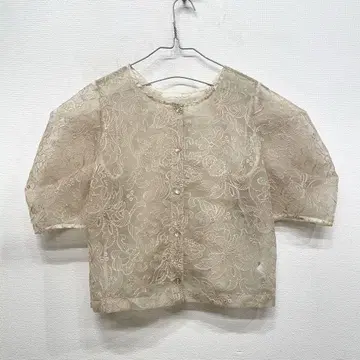 w closet 더블 클로젯 퍼프 슬리브 자수 시어 셔츠