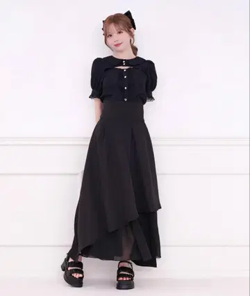 apres jour 언밸런스 롱 스커트 프론트 오픈 카라 블라우스 세트