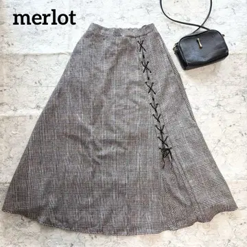 [ merlot ] 멀로 체크 무늬 플레어 롱 스커트 사이드 레이스업