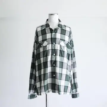 80s 90s Blue On Pink 블록 체크 오픈 카라 레이온 셔츠