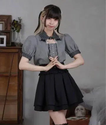Pal elfy 하운드투스 체크 블라우스 블랙