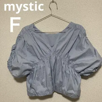 mystic 블루 벌룬 슬리브 크롭 V 개더 블라우스 2way