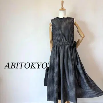 레어 ABITOKYO 린넨 라이크 스트라이프 사이드 리본 맥시 원피스