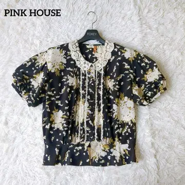 PINKHOUSE 핑크하우스 블라우스 꽃무늬 레이스 옷깃 반팔 블랙