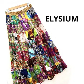 ELYSIUM 아시안 스타일 꽃무늬 패치워크 플레어 맥시 스커트 M
