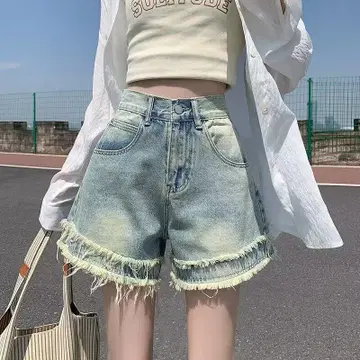 빅 사이즈 프린지 데님 숏팬츠 미색 넉넉한 여름 코디 3L