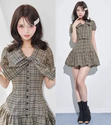 빅 리본 벌룬 체크 미니 원피스