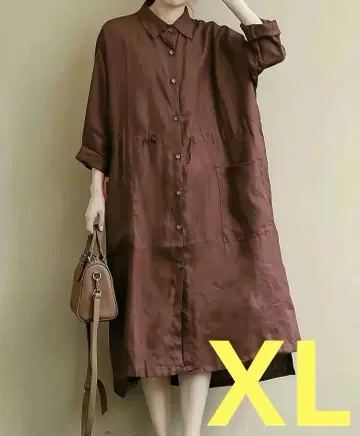 세련된 u 린넨 100% 셔츠 원피스 브라운 XL 여름 롱 원피스