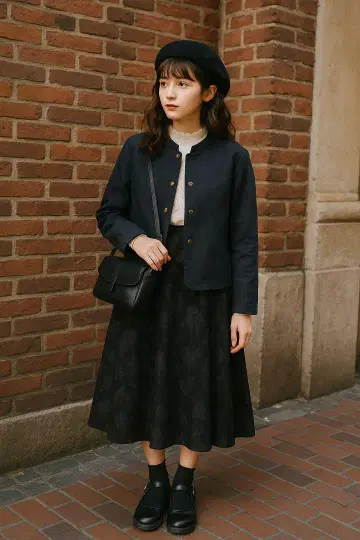 스웨이드풍 꽃무늬 노카라 자켓 블랙 네이비 럭셔리 고급 모드 구제 의류