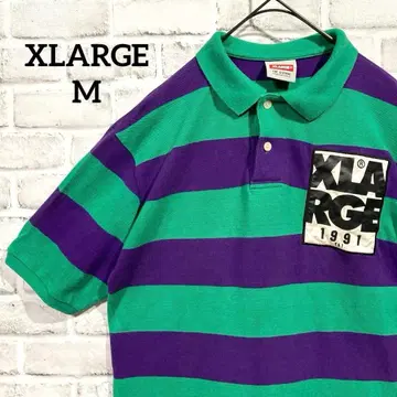 XLARGE 피케 셔츠 M 남성용 그린 보라색 보더 1487