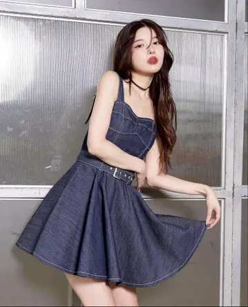 볼륨 플레어 데님 미니 원피스