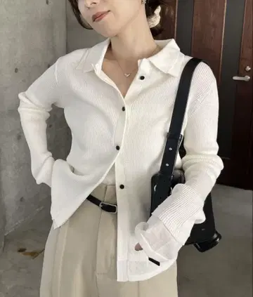 CAPRICIEUX LE'MAGE 2중 옷깃 리브 가디건 화이트