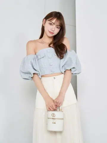 Darich 퍼프 슬리브 오프숄더 트위드 상의