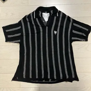 STRIPE KNIT POLO L size BLACK