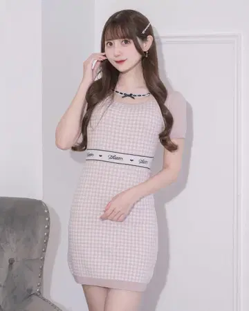 pium 레이스 테이프 깅엄 니트 원피스 피움