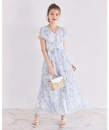 펄 장식 넥 리본 수채화 라인 플라워 플리츠 원피스