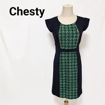 Chesty 체스티 트위드 절개 비쥬 원피스 네이비 그린 0