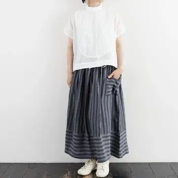 새상품급 마가리 스트라이프 린넨 파머 스커트 허리 리본 턱 F