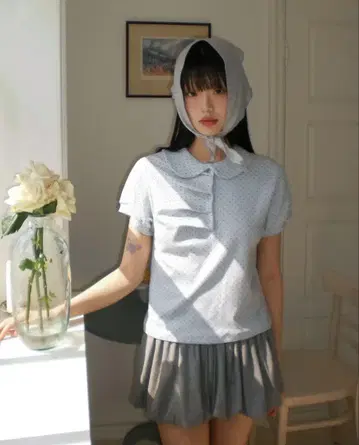 [ wonderwonder ] 터틀넥 도트 핀턱 컬러 반팔 티셔츠